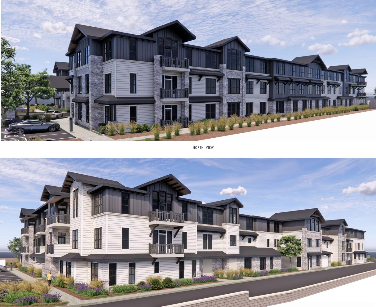 Two architectural renderings of Larkey Lane, stacked with a North View caption between them, showing three-story buildings with dark gables, white siding, and stone accents along a landscaped street.